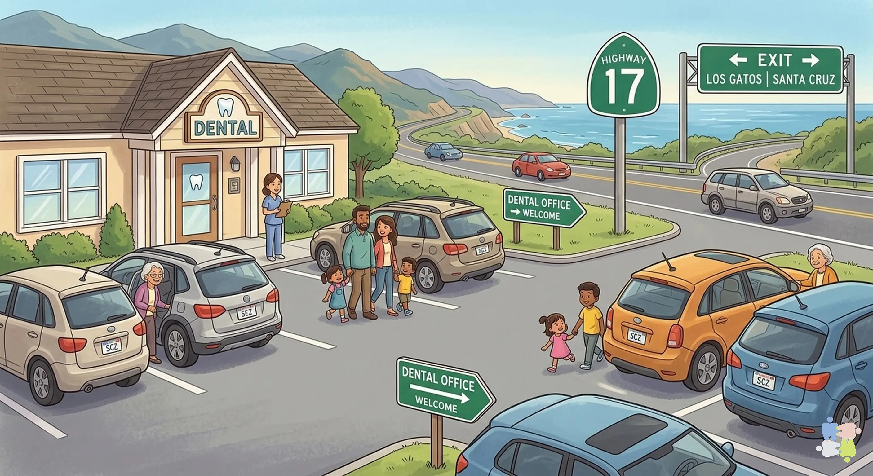 Illustration of Highway 17 connecting Santa Cruz to a welcoming family dental office in Los Gatos.